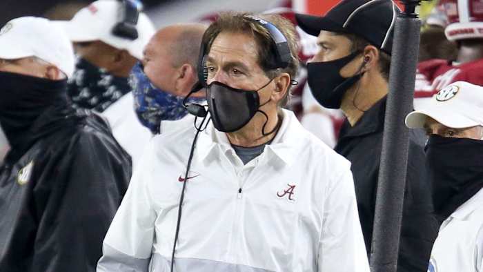 Alabama Head Coach Nick Saban patrols the sideline during the second half of Alabama's 41-24 win over Georgia at Bryant-Denny Stadium.